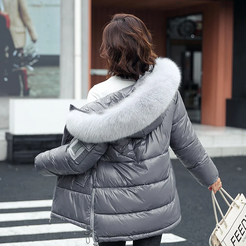 

Short Gloosy Parka Coat Fashion Pocket Winter Jackets For Women 2021 New Solid Casual Hooded Parka Coat With Fur Collar