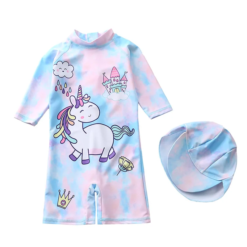 Girls' Swimsuit One Piece with Hat Cartoon Unicorn Girls Swimwear Anti-UV Children Swimming Suit Summer Baby Beach Pool Clothes