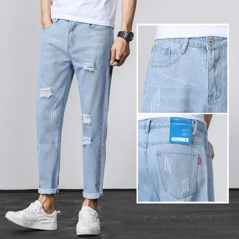 Summer pants men's hole jeans Ripped jeans loose straight wide-legged trousers ninth pants trend casual man baggy boys jeans