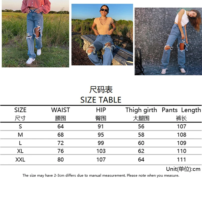 

Women's Ripped Baggy Jeans Vintage High Waist 90's Aesthetics Mom y2k Denim Streetwear 2021 Spring Female Pants Straight Blue