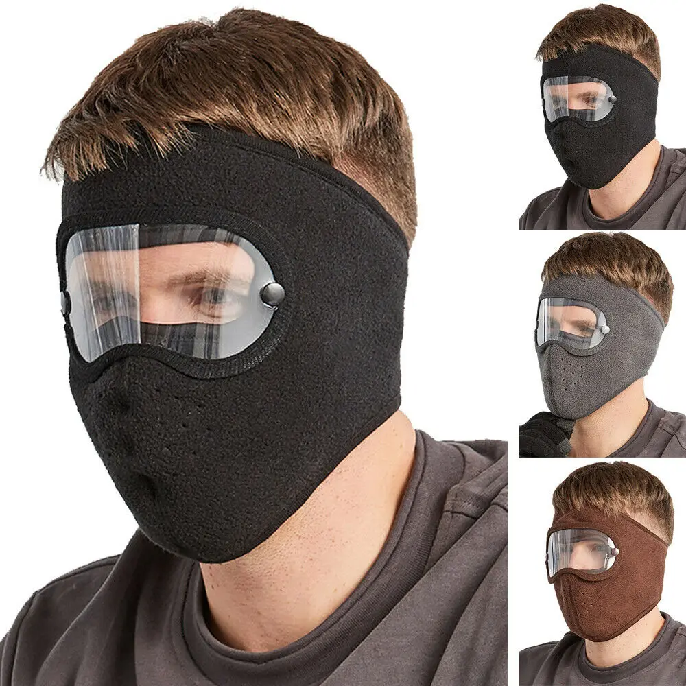 

Mens Womens Fleece Warm Winter Face Mask + Goggles Ski Windbreak Skull Caps New