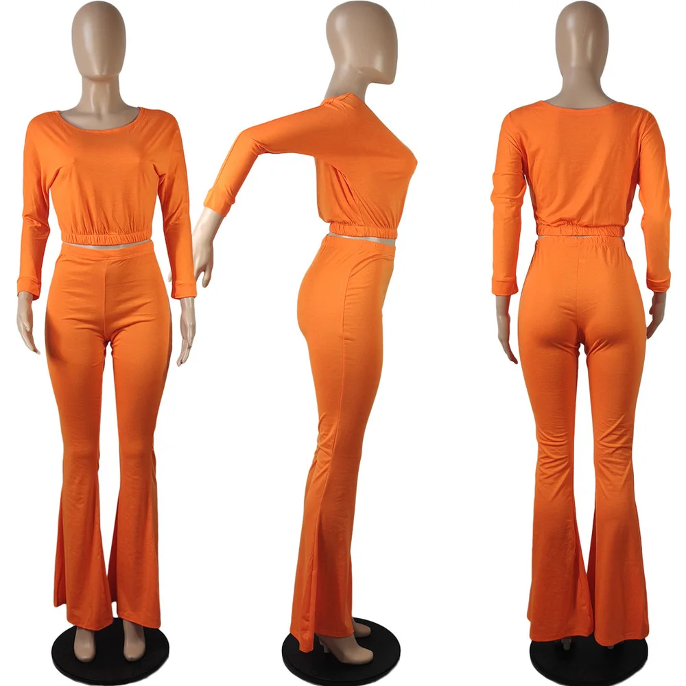 

Women Stretchy Two Piece Outfit Full Sleeve One Shoulder Crop Top+sporty Bell Bottom Pant Elastic Skinny Solid 2pcs Matching Set