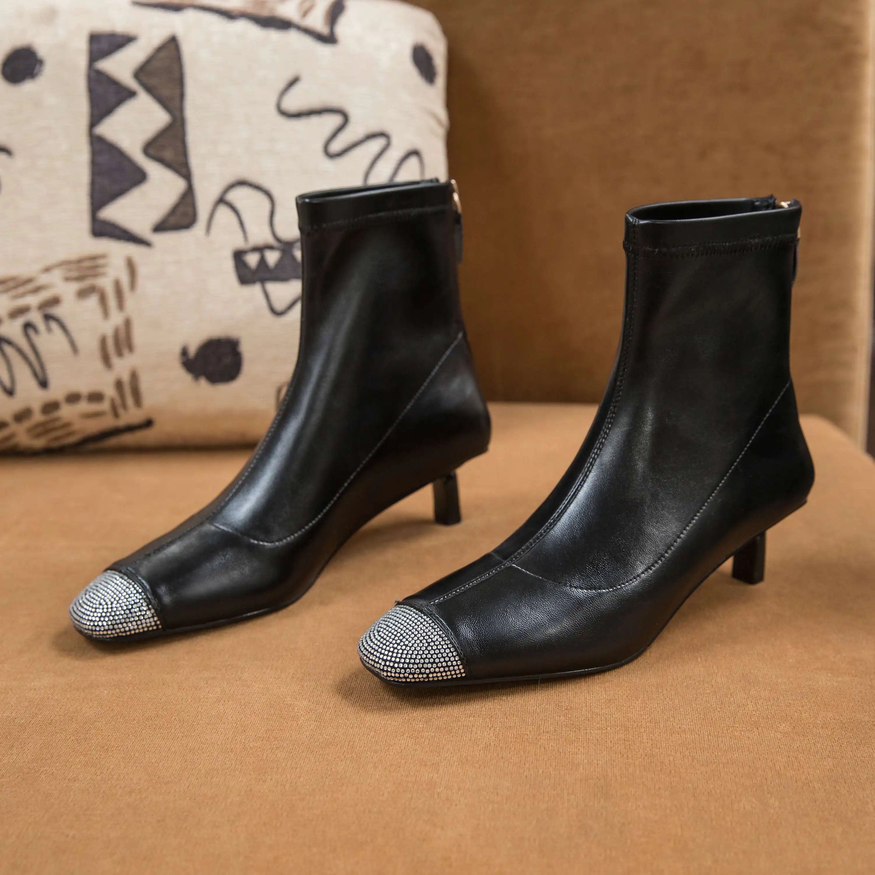 

Vichelo Hot 2020 new arrival rhinestone decorations patchwork square toe thin med heel gentlewomen daily wear ankle boots L15