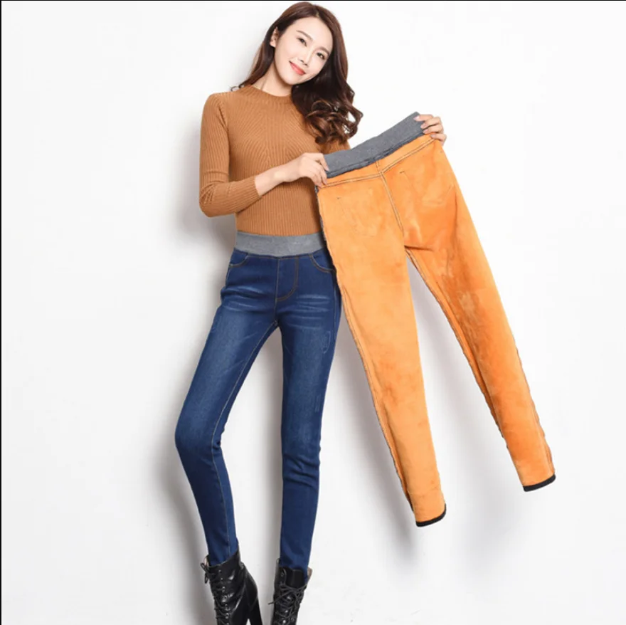 Эластичные кашемировые теплые джинсы для женщин большие черные с высокой талией