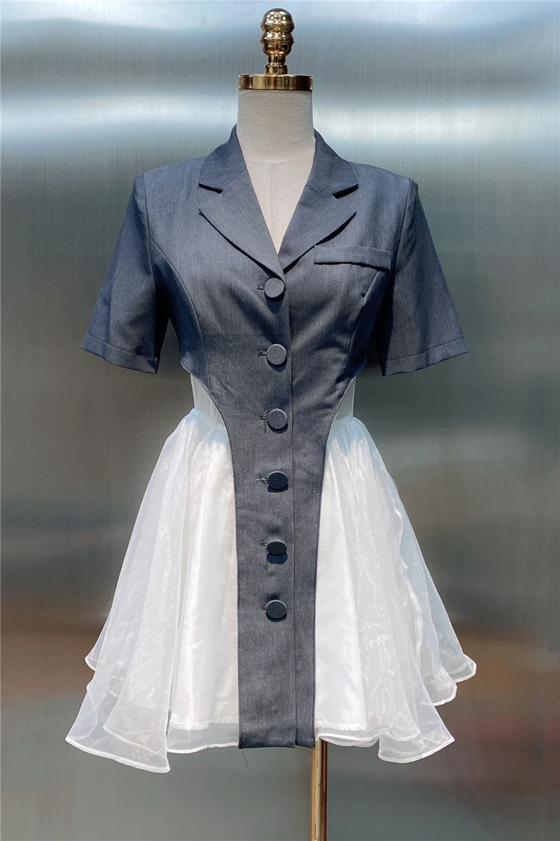 

2021 Summer New Korean Trendy Fake Two Pieces Stitching Mesh Business Suit and Dress Women