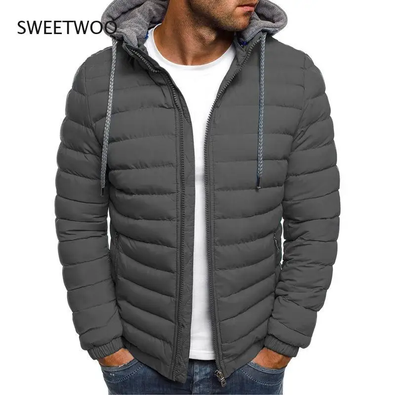 Winter Cotton Men's Down Jacket Hooded Long Sleeve Cardigan Zipper Pockets Solid Thick Fashion Casual Down Jacket