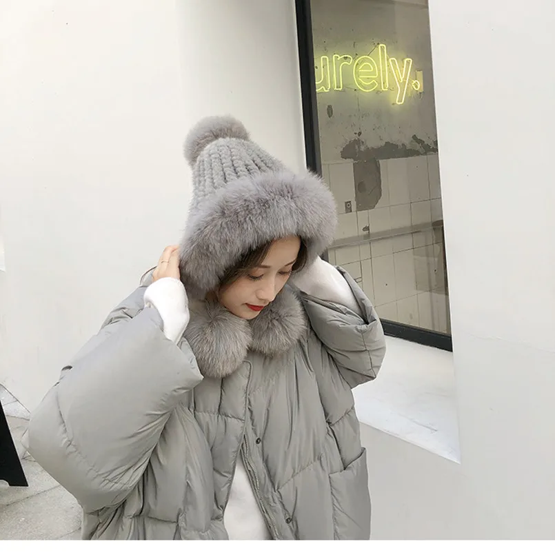 winter women's hat of Real mink fur and genuine fox new design hats red white color pompom for girl | Аксессуары для одежды