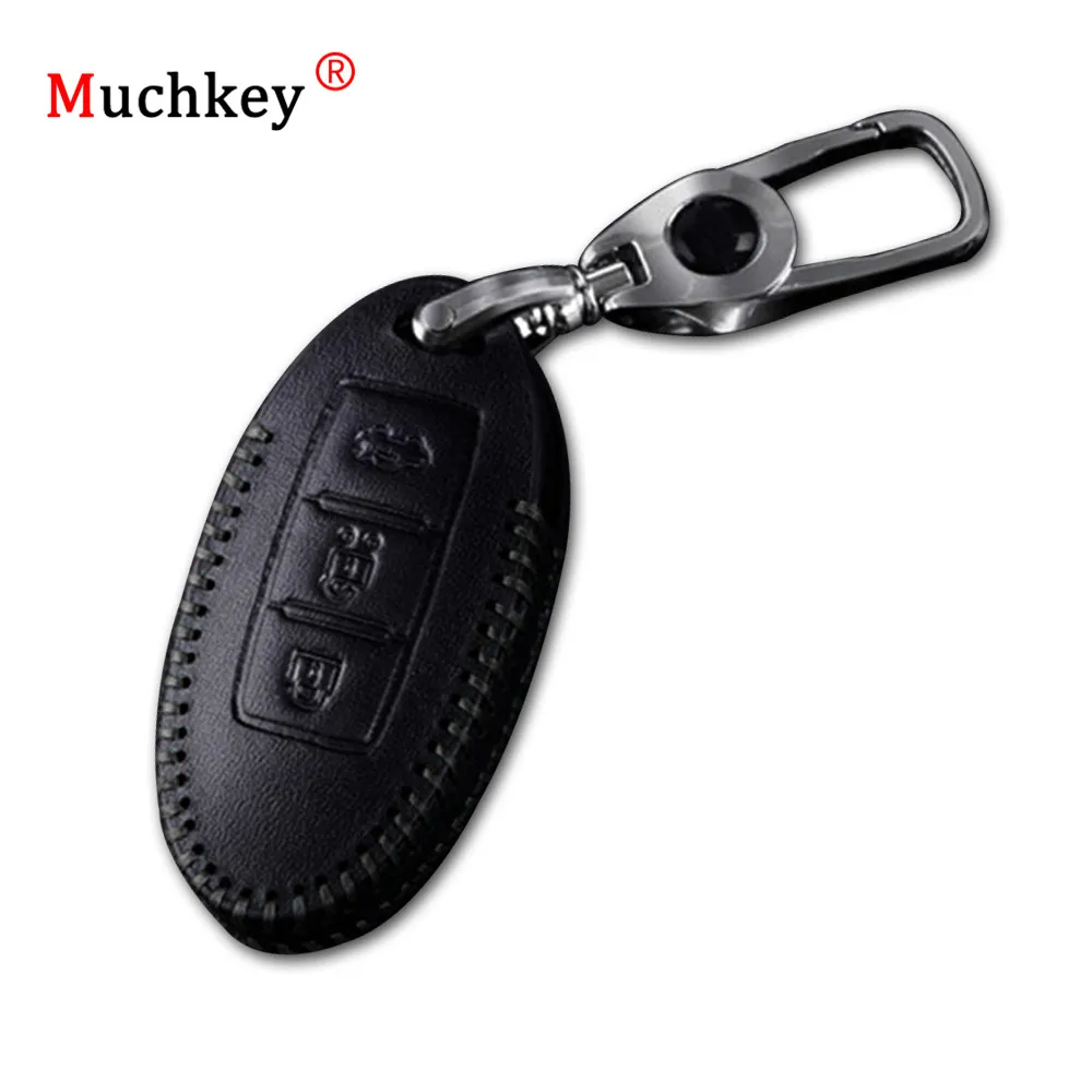 

Muchkey Leather Remote Case Car Key Bag Cover For INFINITI 3 Buttons Folding Key Luxury Genuine Hand Sew Black Line