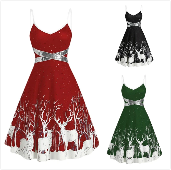 

2021 Christmas Elk Print Dress Sexy Bling Sequin Spaghetti Strap V-Neck Party Dress Elegant Deer Zip Slim Evening Robe Dresses