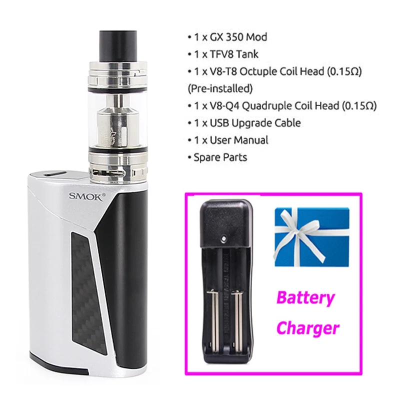 Серебристый SMOK GX350 Комплект 350 Вт большой мощности испаритель вейп-комплект электронной сигареты SMOK GX350 коробка мод 6 мл емкость TFV8 танк - Цвет: Серебристый