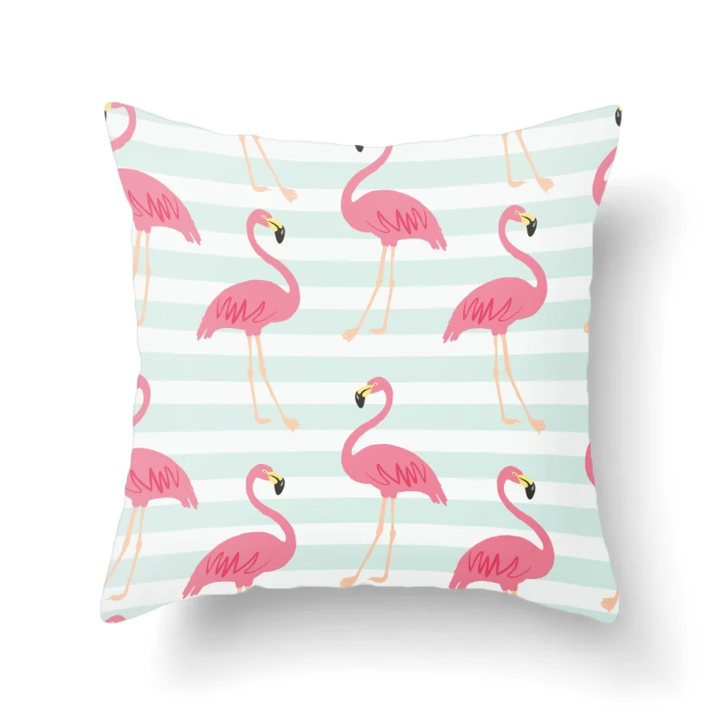 Pink Flamingo Printed Cushion Cover Plant Leaf Pattern Plush Decorative Throw Pillow Home Decor Square Pillowcase for Bed | Дом и сад