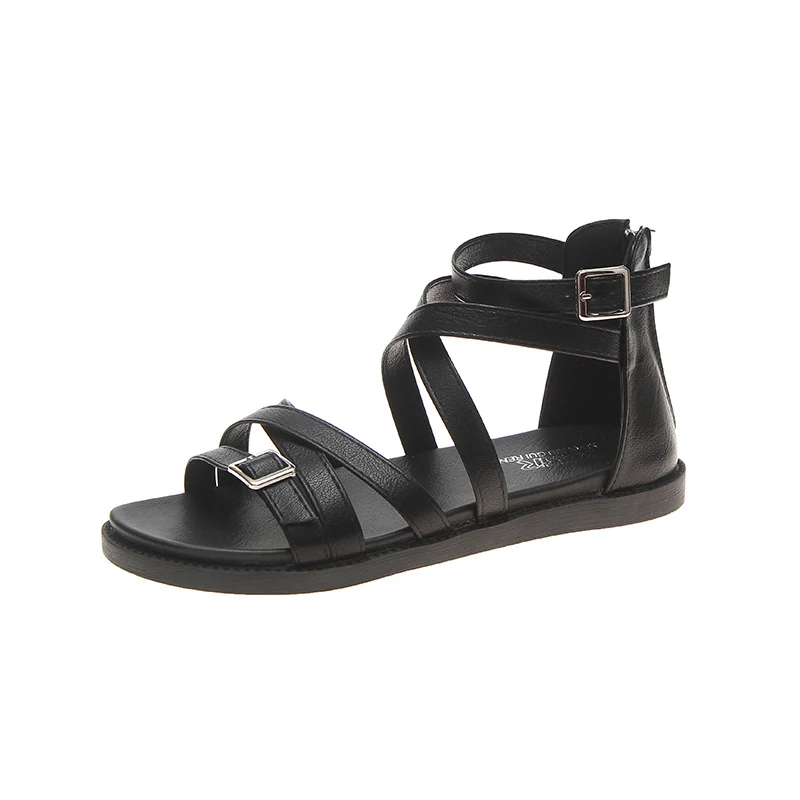 

2021 Cross-tied Zipper Ankle Strap Buckle Cover Heel Open Toe Women Shoes Fashion Summer Hollow Platform Ladies Sandals Black
