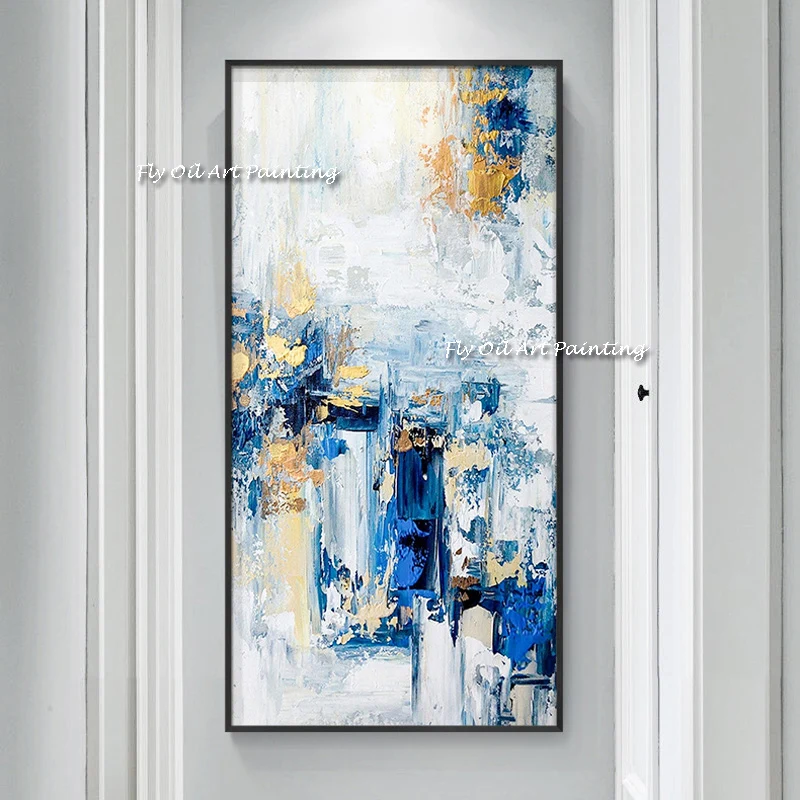 

Large Size Hand Painted Oil Painting 100% Handmade Blue Ink Abstract Painting Gold Foil Wall Art Home Decoration Rolled Canvas