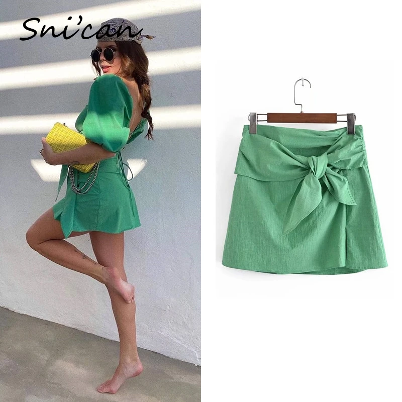 

Snican Solid A Line Bow Asymmetrical Mini Skirt Sexy Za 2021 Women Summer Fashion Faldas Cortas Ladies High Waist Jupe Femme