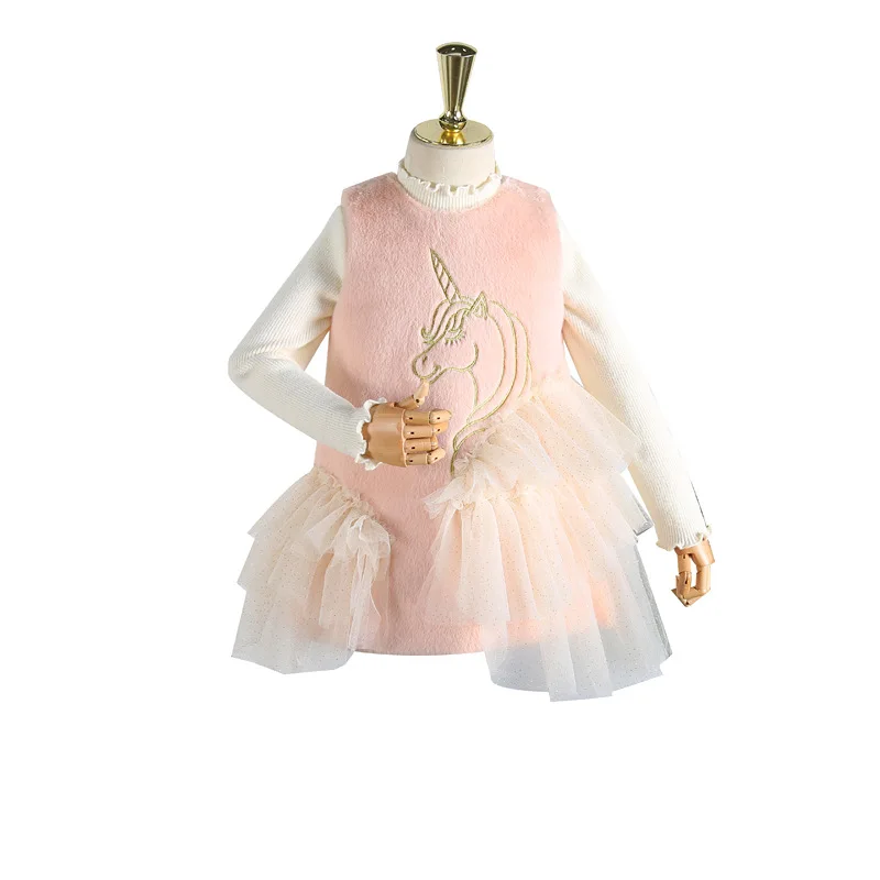Lolita Girls Faux Fur Unicorn Vest Dress for Kids Fall Winter Clothing Ruffles Sweet Unicorio Baby Girl Christmas Costume | Детская