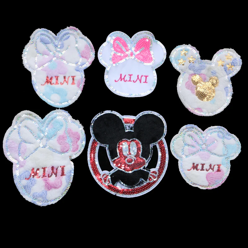Цветные фланелевые нашивки Минни с бантом и пайетками вышитые аппликацией для