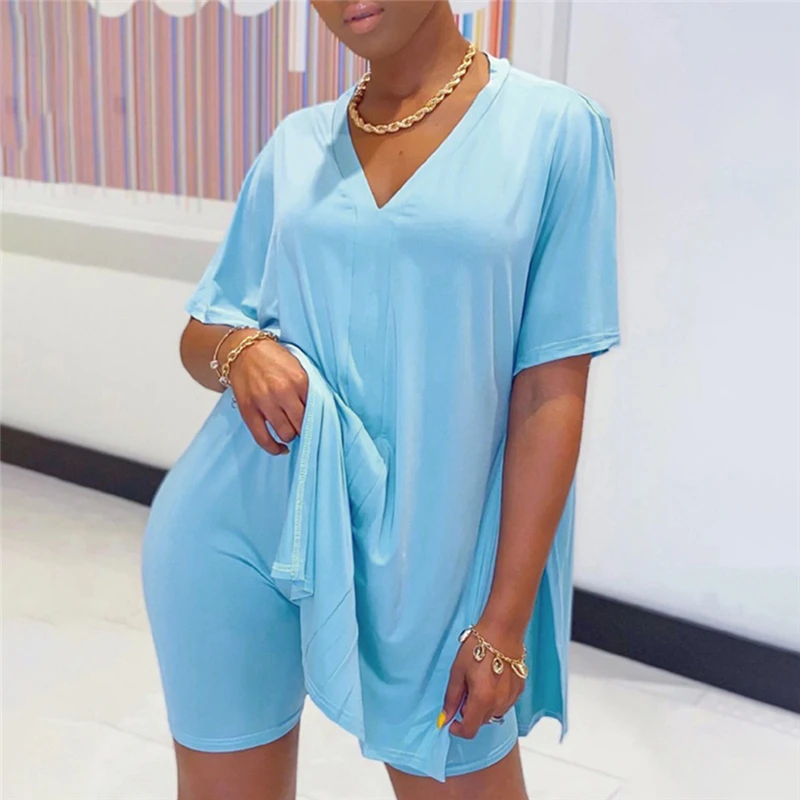 

Summer Short Two Piece Set Women Clothes Casual V Neck T Shirt Top And Shorts Set Streetwear Sexy 2 Piece Outfits For Women Suit