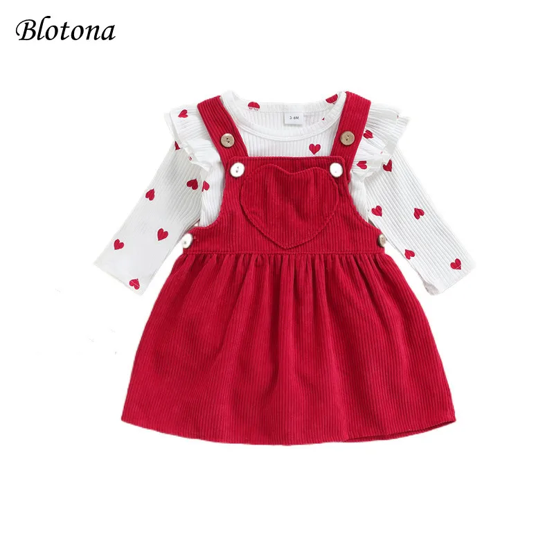 

Blotona Baby Girls Valentine's Day Suit, Heart Pattern Ruffle Long Sleeve O-Neck Romper tops+Corduroy Suspender Skirt 0-18Months