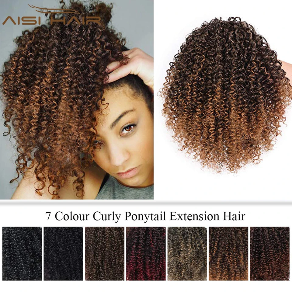 

AISI HAIR Afro Ponytail Synthetic Kinky Curly Drawstring Ponytail Hair Extensions for Black Women Black Mix Brown Color Hair