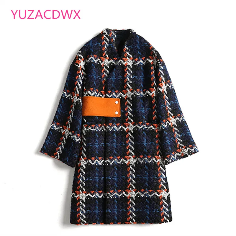 

YUZACDWX 2021 New Arriva Women Warm Winter Tweed Coat Ladies Work Office Elegant Vintage Plaid Long Runway Wool Blends Coats