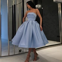 blue strapless evening dresses short 2021 cute simple tea length elegant satin a line homecoming gowns robe de soir%c3%a9e de mariage