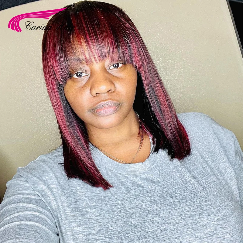 Хайлайтер красный короткий боб парик с челкой полностью машинное изготовление