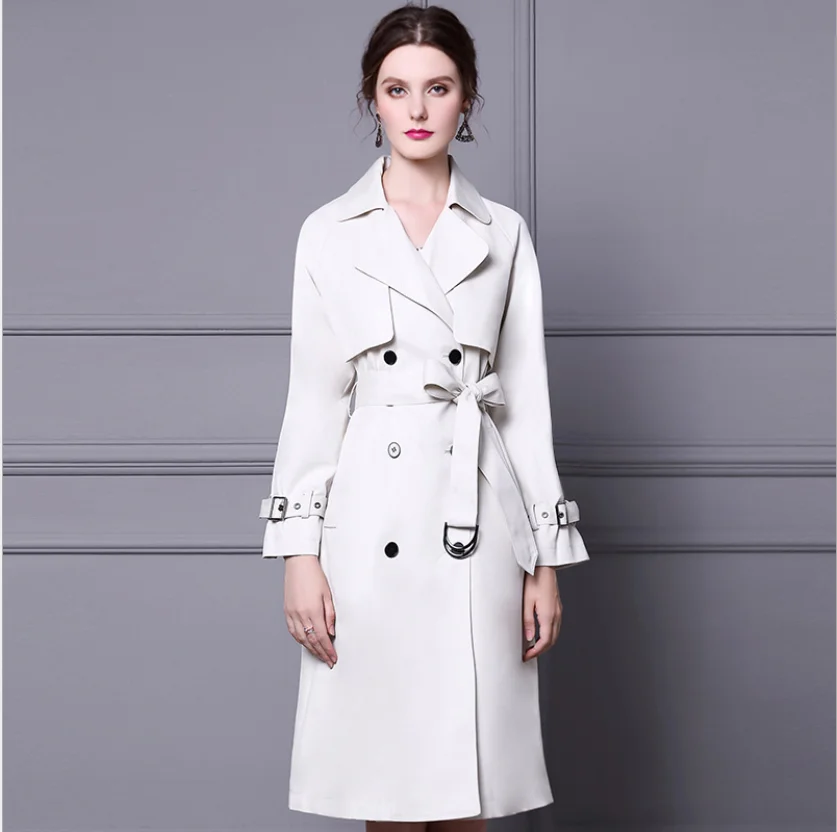 

Cotton Spring Autumn Ladies Off-White Khaki Windbreaker Double Breasted Notched Casual Coat Female Long With Belt Slim OL Trench