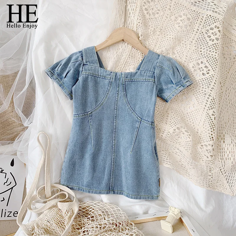 

HE Hello Enjoy Children Dresses Girls Denim Summer Puff Sleeve Dress Solid Denim Kids Clothing Child Clothes Fashion Princess