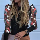 Женская блуза с цветочной вышивкой и лоскутным шитьем, элегантные женские сексуальные прозрачные блузки с сетчатым рукавом, Рубашки, Топы, весна 2020
