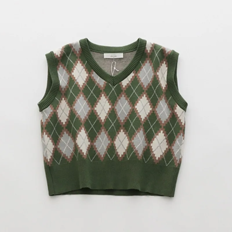 

Women Knitted Vest Preppy Style Knit Argyle Sweater Vest Sleeveless Plaid Waistcoat Autumn Short Outwear Loose Casual V Neck Top