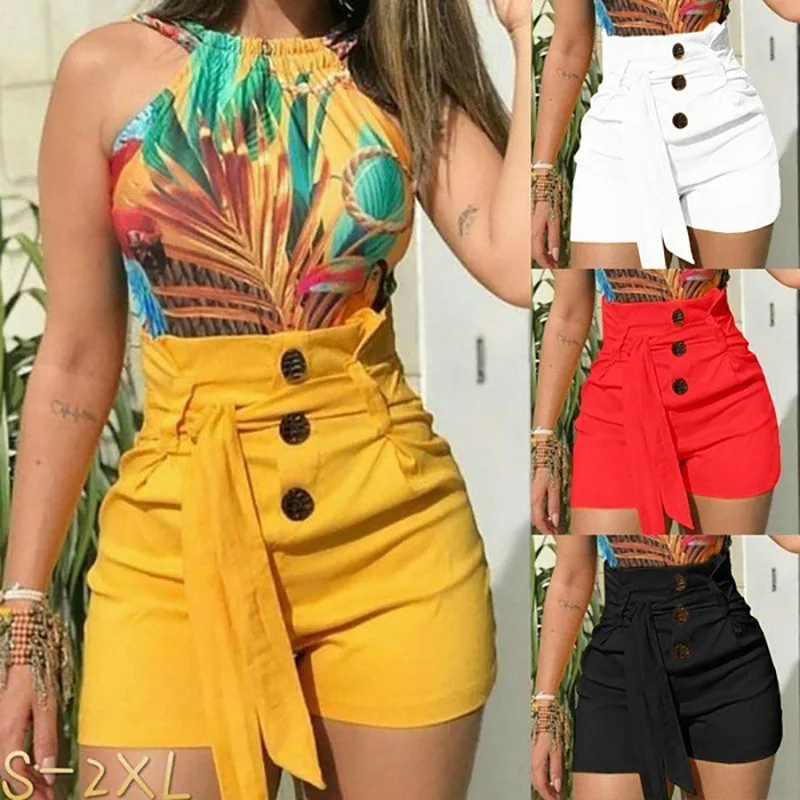 

Europe and America Style Hot Sale Summer Women's Shorts High Waist Sexy Solid Color Button Lace up Beach Pants Casual Female