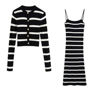 womens suit new style retro black and white striped printed suspenders slim mid length dress knit jacket two piece