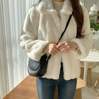 rimocy sweet white womens faux fur coat 2021 winter thick warm long sleeve overcoat woman korean rabbit plush jacket female