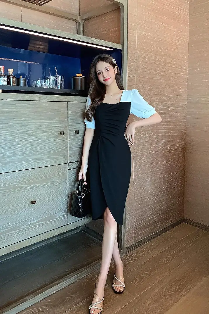 

COIGARSAM French Style Patchwork Women dress New Summer Panelled Pleated Square Collar Dresses 9051