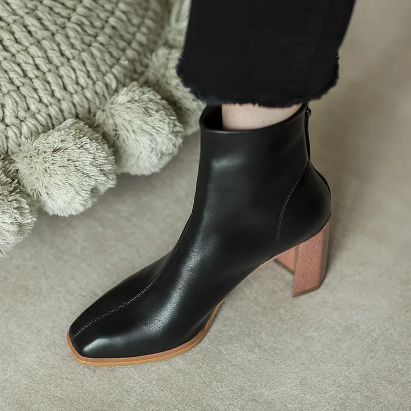 

Genuine cow leather Martin boots thick heel 2020 autumn new square toe thick bottom zipper ankle boots women