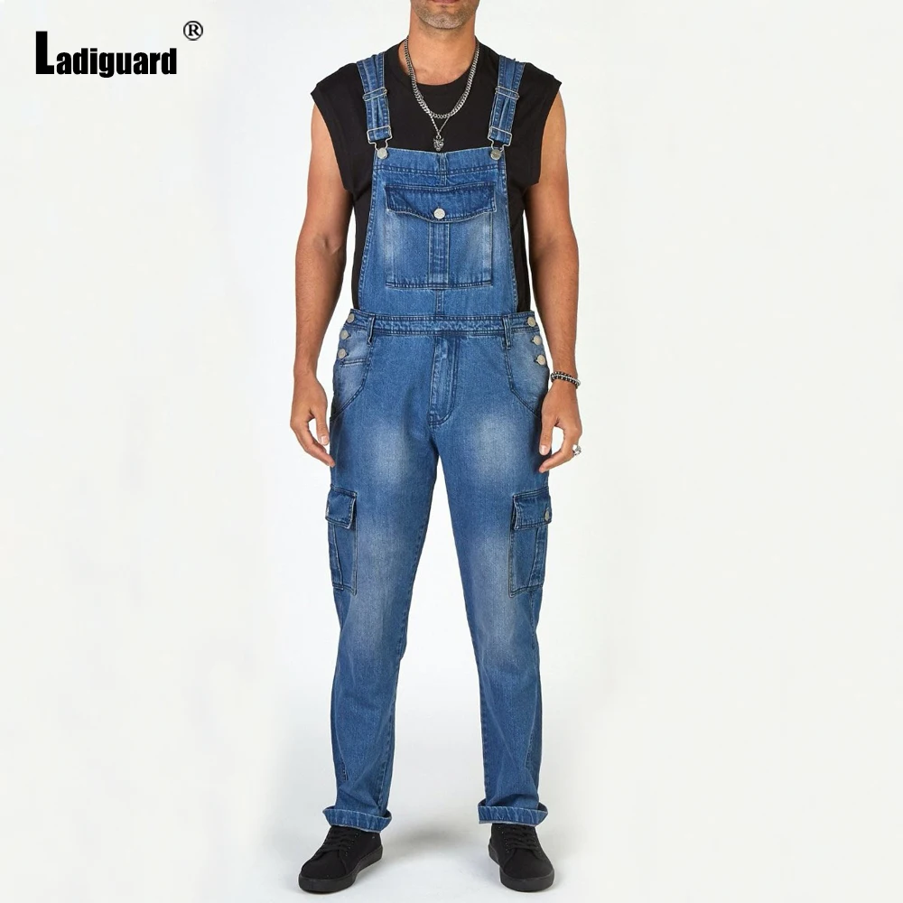 Ladiguard Mens Denim Pant Jumpsuit Zipper Romper Casual Skinny Bodysuit Stand Pockets Overalls 2022 European Style Fashion Jeans