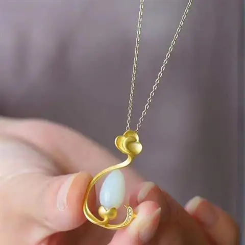

Natural Hetian White Jade Magnolia S925 Sterling Silver Pendant Vintage Earrings Ancient Style Thick Gold Inlaid Color Lasting