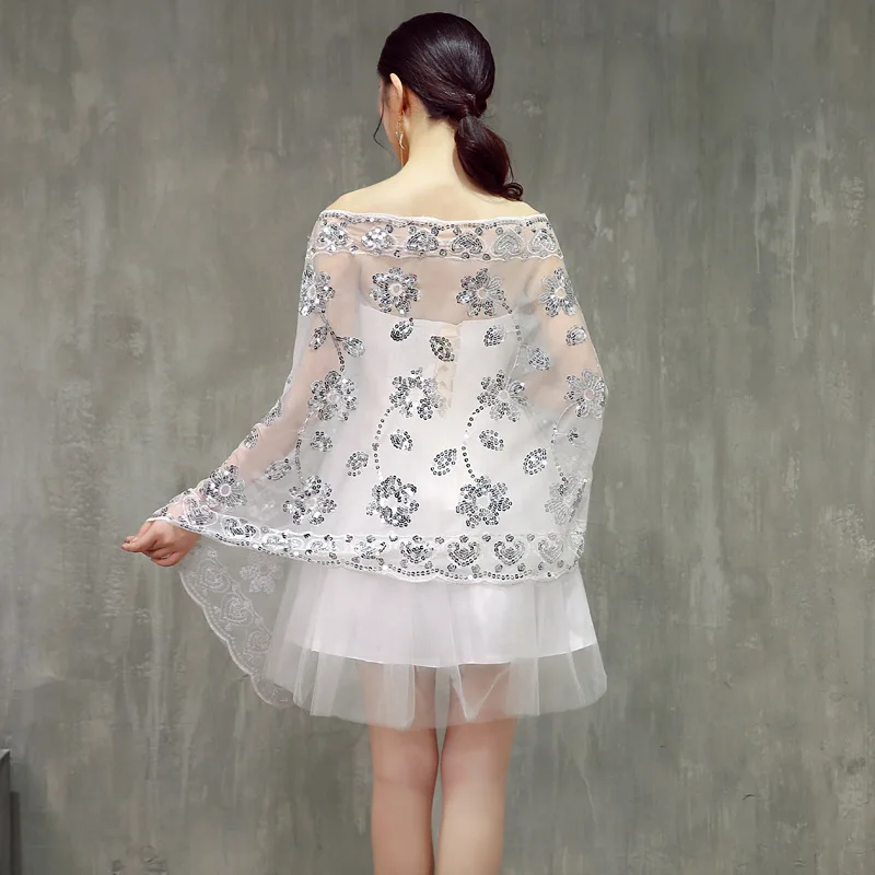 Белое свадебное кружевное болеро с блестками длинное вечернее платье накидка