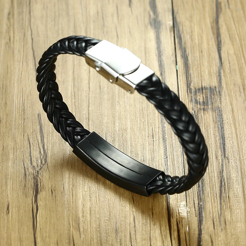 Мужской плетеный кожаный браслет Vnox выполненный по индивидуальному заказу