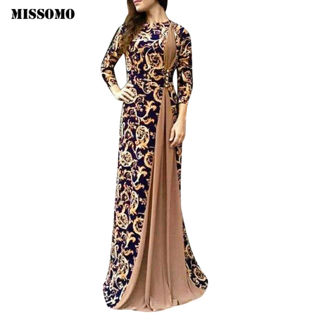 MISSOMO Maxi платье Женщины Dubai Arabian Цветочные печати Длинное Муслима Платье ИСЛАМСКИЙ