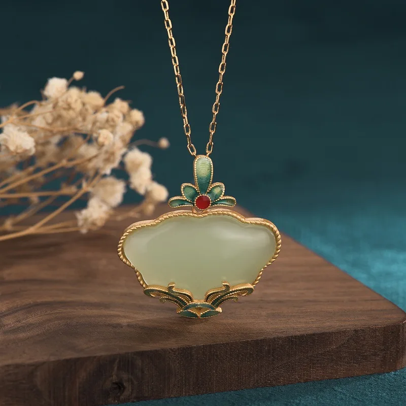 

jewelry for women 2021 Gem old-fashioned Chains accessories gold inlaid with jade rhinestone Chinese style Children's Necklace