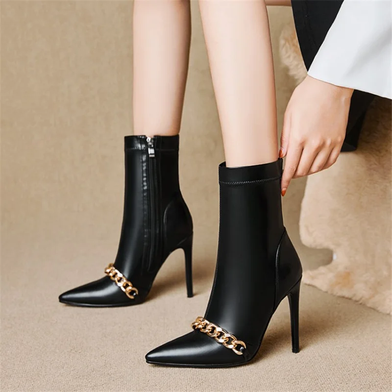 

Women's Mid Calf Metal Decoration Pointed Toe Thin Heels Boots Women Shoes Chain Stretch And Zipper-Sid Wedding Zapatillas Mujer