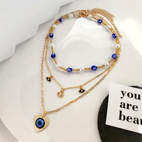shiny crystal big heart turkish blue eye pendant necklaces for women glass beads pearl choker necklaces layered wedding jewelry
