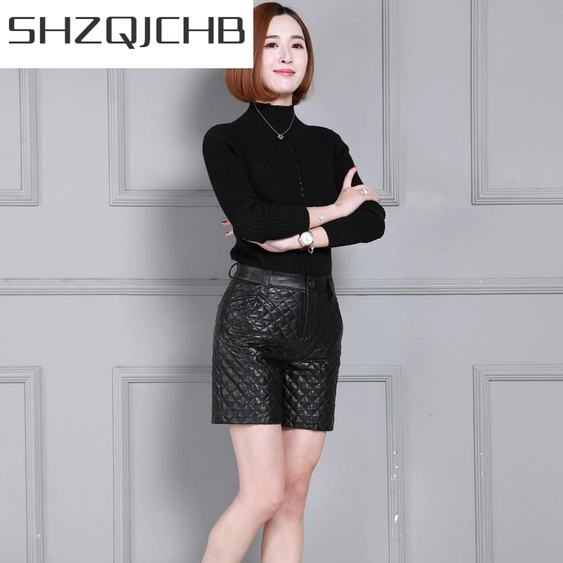 JCHB 2021  New Genuine Leather Shorts for Women Winter High Waist Slim Fit Zipper Wide Leg Short Pants Party Wear Female Streetw