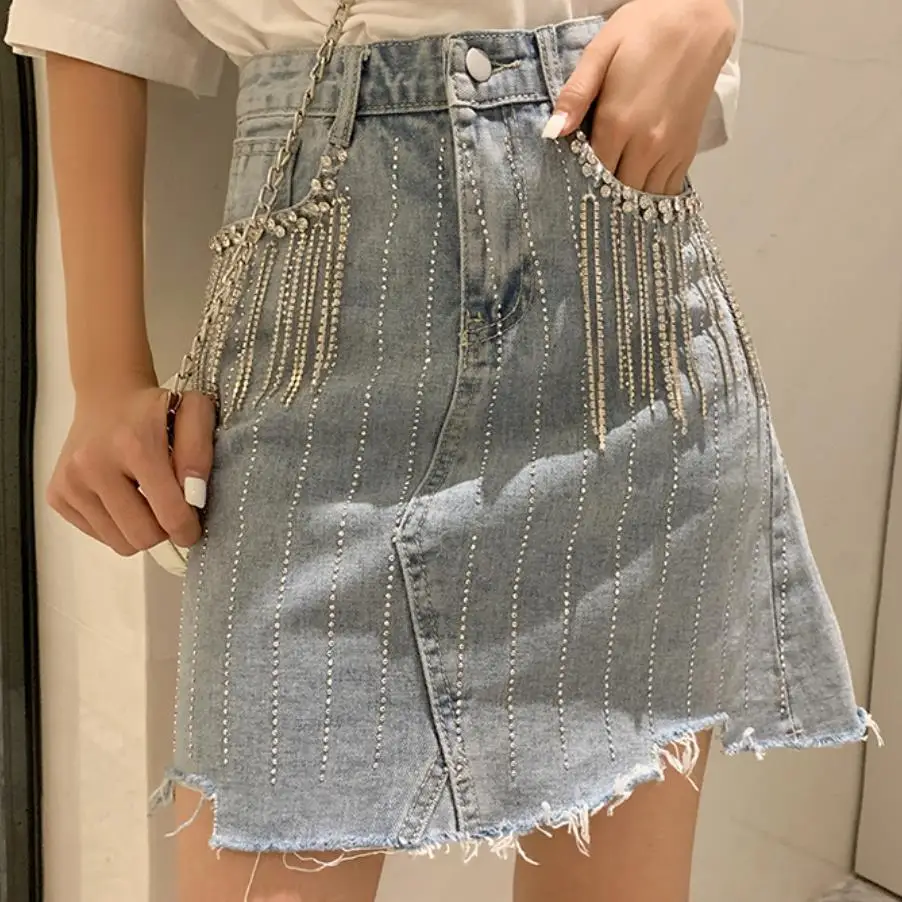 Плюс размер 5XL! Летняя Модная Джинсовая юбка Женская высокая талия Алмазная
