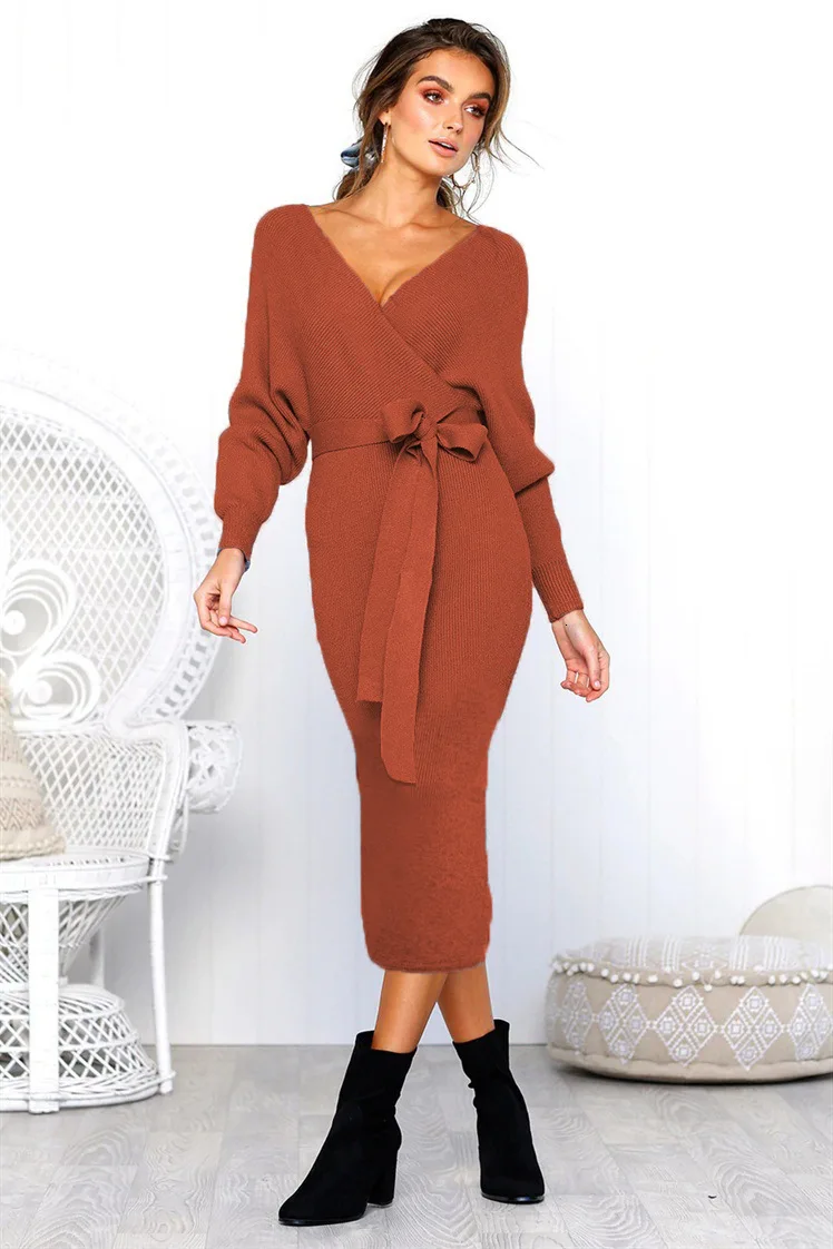 Женское трикотажное платье-свитер с длинным рукавом и V-образным вырезом |