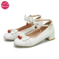 fashion cosplay party princess lolita women shoes low heel mary jane butterfly knot block pumps shining strawberry pendant