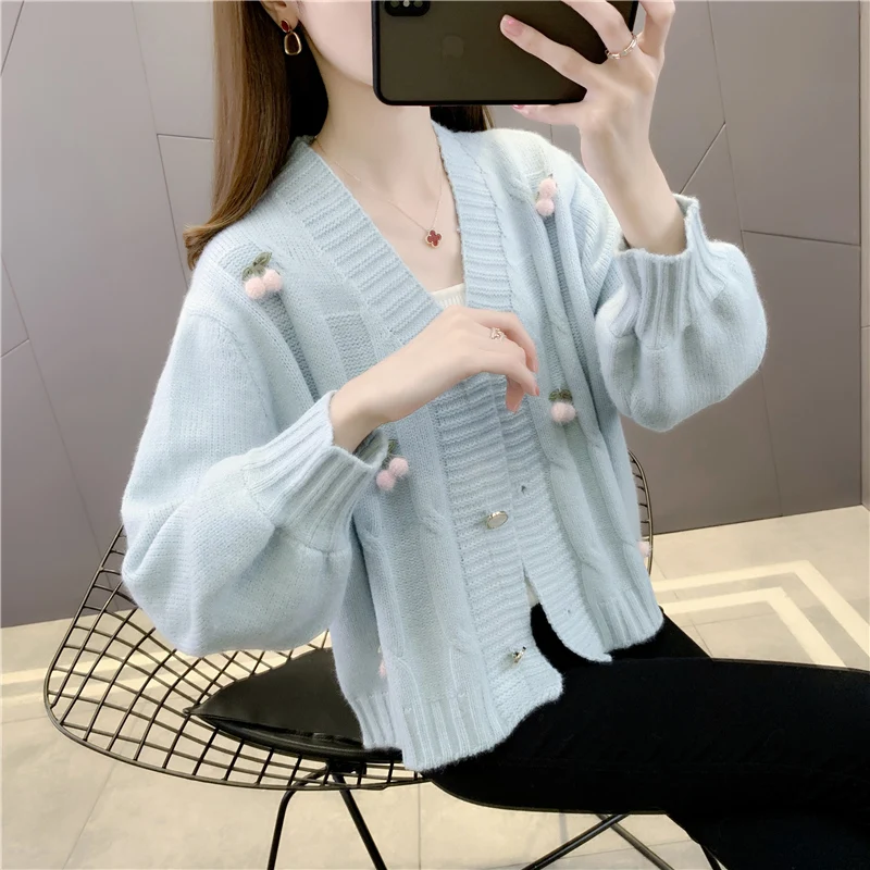 Однотонный вязаный кардиган с вышивкой V-образным вырезом |