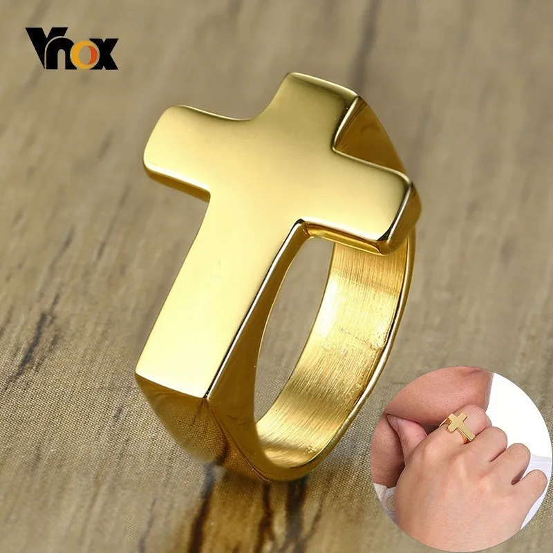 

Vnox Unique Cross Flat Top Ring For Men Glossy Stainless Steel Christ Jesus Prayer Faith Anel Fraternal Rings
