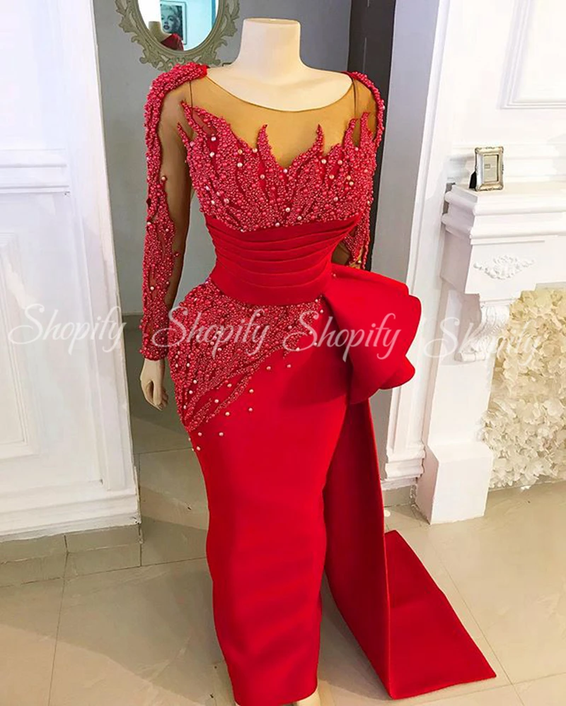 

Женское вечернее платье с длинным рукавом, элегантное прямое красное атласное платье с жемчугом в африканском стиле